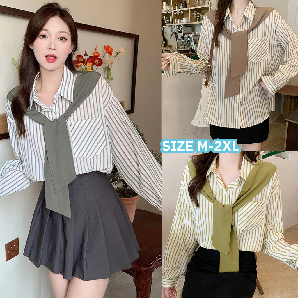 mimi&didi.เสื้อเชิ้ตแขนยาวลายทางแฟชั่นผู้หญิง Office ปกPOLO ผ้าคลุมไหล่ปลอมทรงหลวมมีกระเป๋า สไตล์เกาหลี#W334