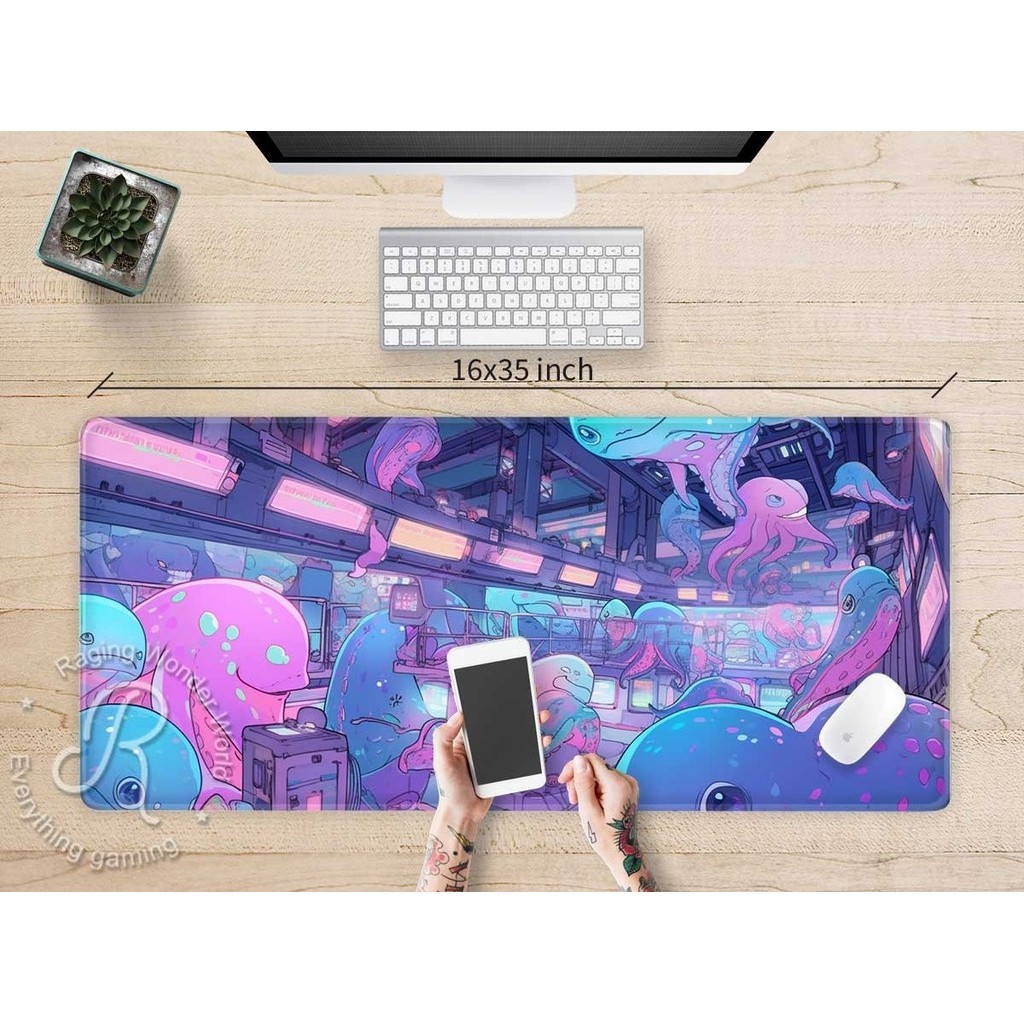 Kawaii Neon สีม่วงสีฟ้า Cephalod อะนิเมะโต๊ะน่ารัก, Vaporwave space Octopus แผ่นรองเมาส์สําหรับเล่นเ