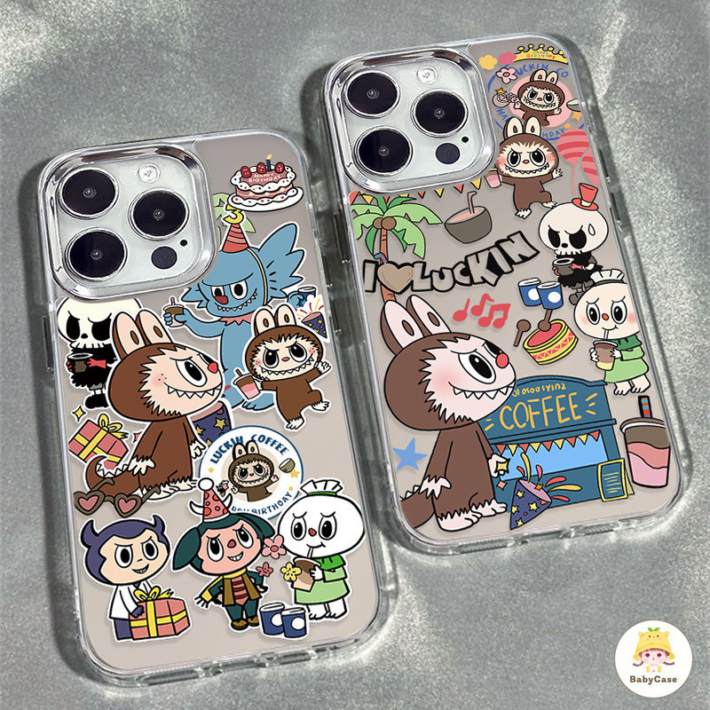 กราฟฟิตีน่ารักป๊อปบาซาร์ Labubu โลหะเลนส์กรณีอ่อนนุ่ม IPhone 11 12 7Plus 14 15 13 Pro Max 8Plus X XR XS Max