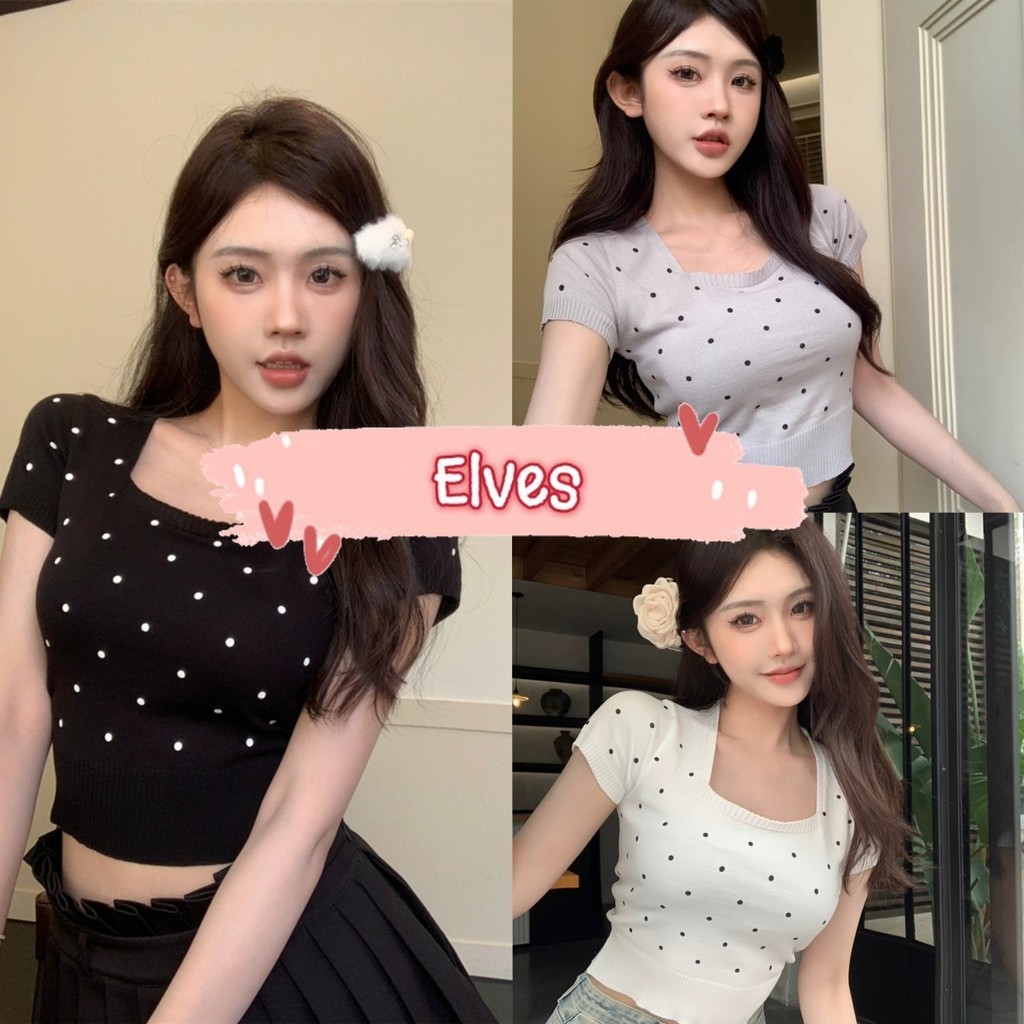 Elves✨พร้อมส่ง✨  เสื้อยืดไหมพรมครอปแขนสั้น คอเหลี่ยม ดีเทลลายจุกน่ารักมาก ~BKD4832~