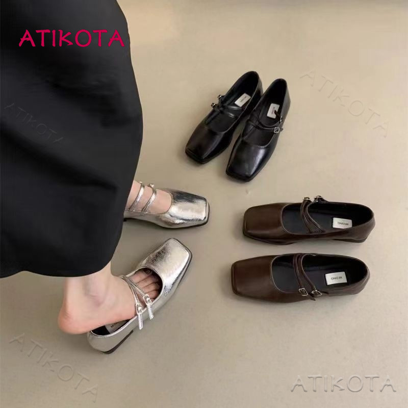 Atikota ผู ้ หญิงแฟชั ่ นรองเท ้ าแบนสุภาพสตรีปรับหัวเข ็ มขัดสแควร ์ หัวตื ้ นปากรองเท ้ าเดียว