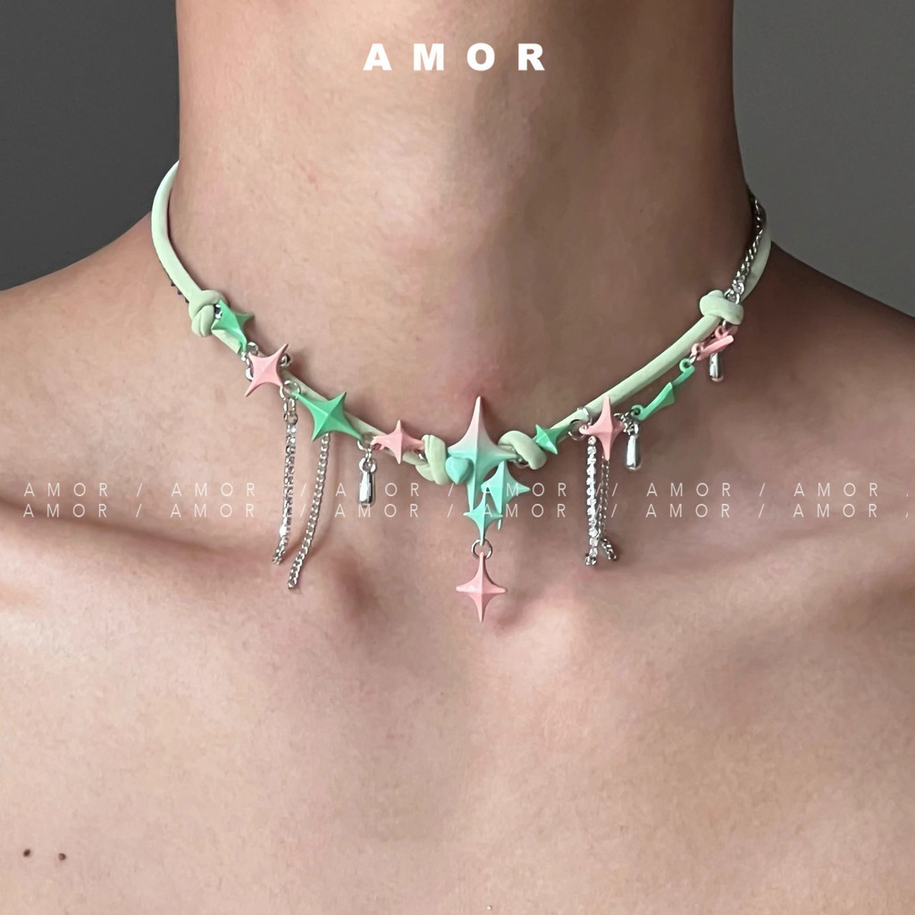 Dopamine y2k สร ้ อยคอฤดูร ้ อนไล ่ ระดับสีสาวเผ ็ ดพร ้ อมดีไซน ์ เฉพาะแถบคาดศีรษะสาวมาการองสีสันสด