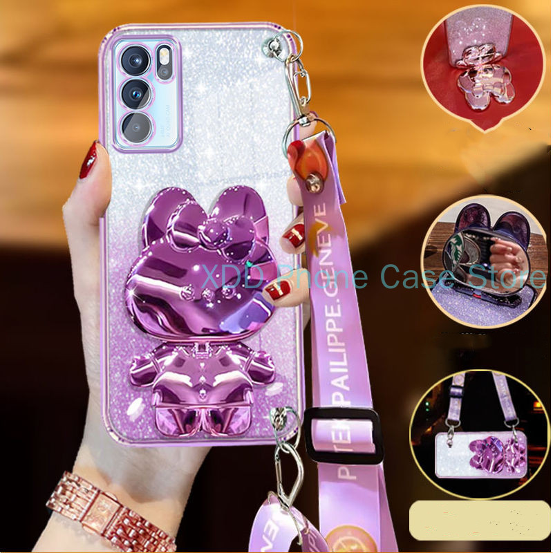ปลอก OPPO Reno 6 Pro 5G Reno 6Z 5G Electroplating Glitter 3D กระต่ายวงเล็บกระจกเครื่องสําอางเคสโทรศัพท์พร้อมCrossbody Lanyard