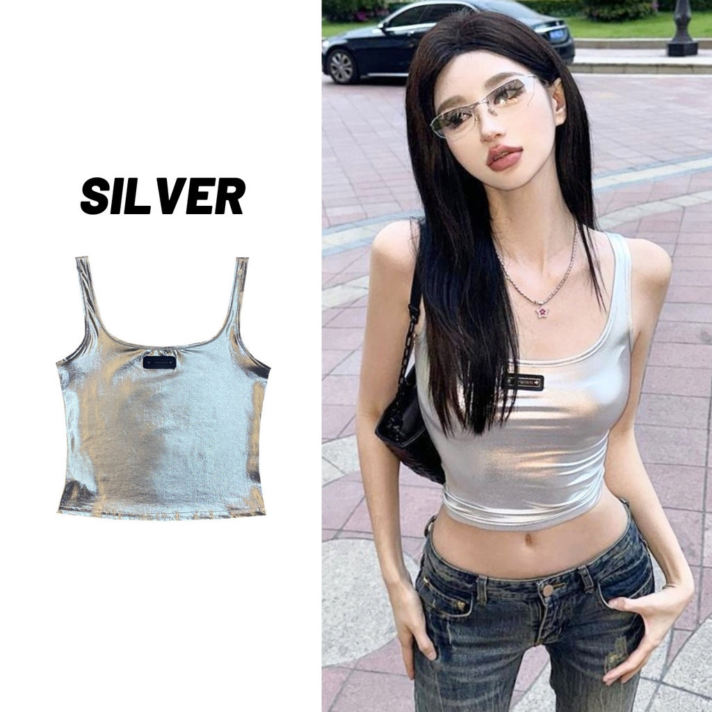 Sale80% เสื้อกล้ามเมทัลลิคสีเงิน อกแต่งป้ายดำ