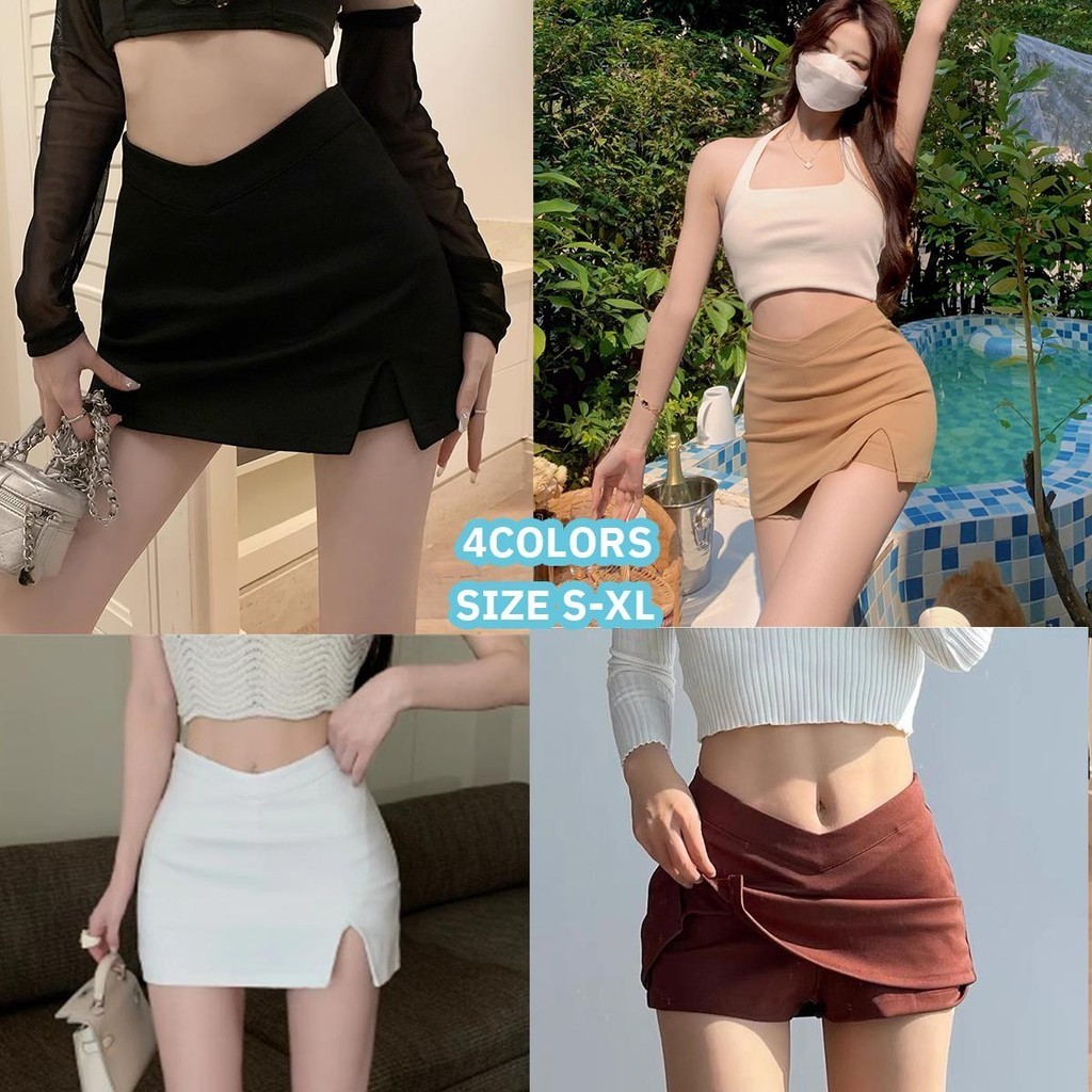 MIMI&DIDI.กระโปรงสั้นทรงเอ ซับกางเกง ดีเทลเอวV ผ่าข้างใส่แล้วหุ่นสลิม สไตล์ฝรั่งเศษ ผู้หญิง Outfits#8819