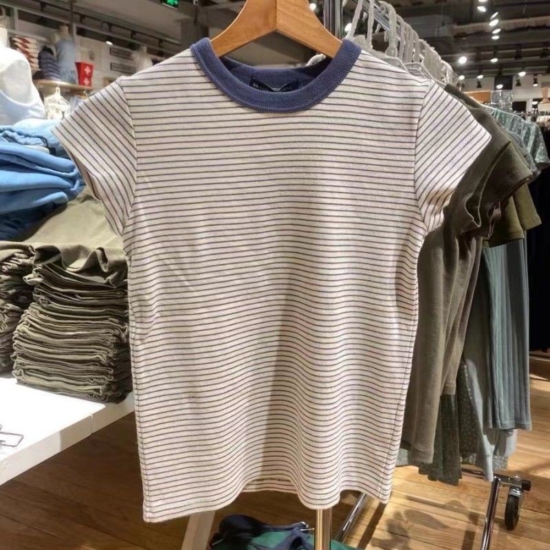 Brandy brandylvillegirl Same Style American Retro Striped Short Sleeve T-Shirt bm Slim-Fit Pure Cotton ของแท้ Shoul