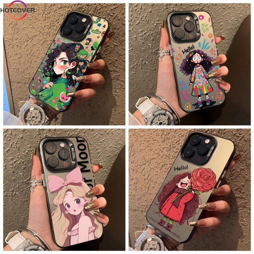 สําหรับ Vivo V30 V29 V27 Pro V29E V27E V25 V25E V23 V23E V20 S1 Pro X100 Y91 Y95 Y91C Y93 Y1S เคสโทรศัพท์น่ารักการ์ตูนสาว Shock สีคู่ทนฝาครอบเงินสองชั้น