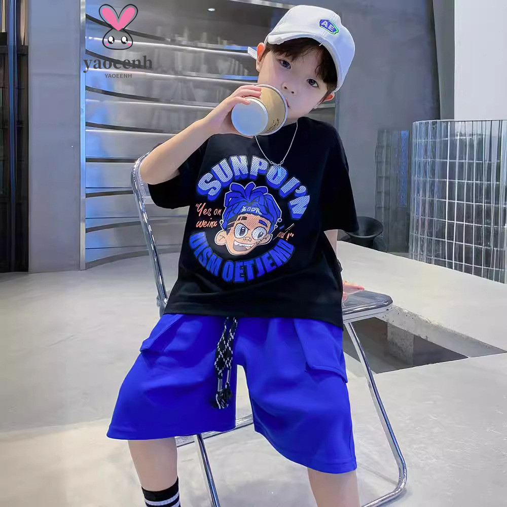 110-170ซม.ชายฤดูร้อนแฟชั่นการ์ตูนพิมพ์ชุดลําลองขนาดกลางขนาดใหญ่เด็กจดหมายกางเกงขาสั้นแขนสั้นชุดสองชิ้นพร้อมสต็อกจัดส่งที่รวดเร็ว