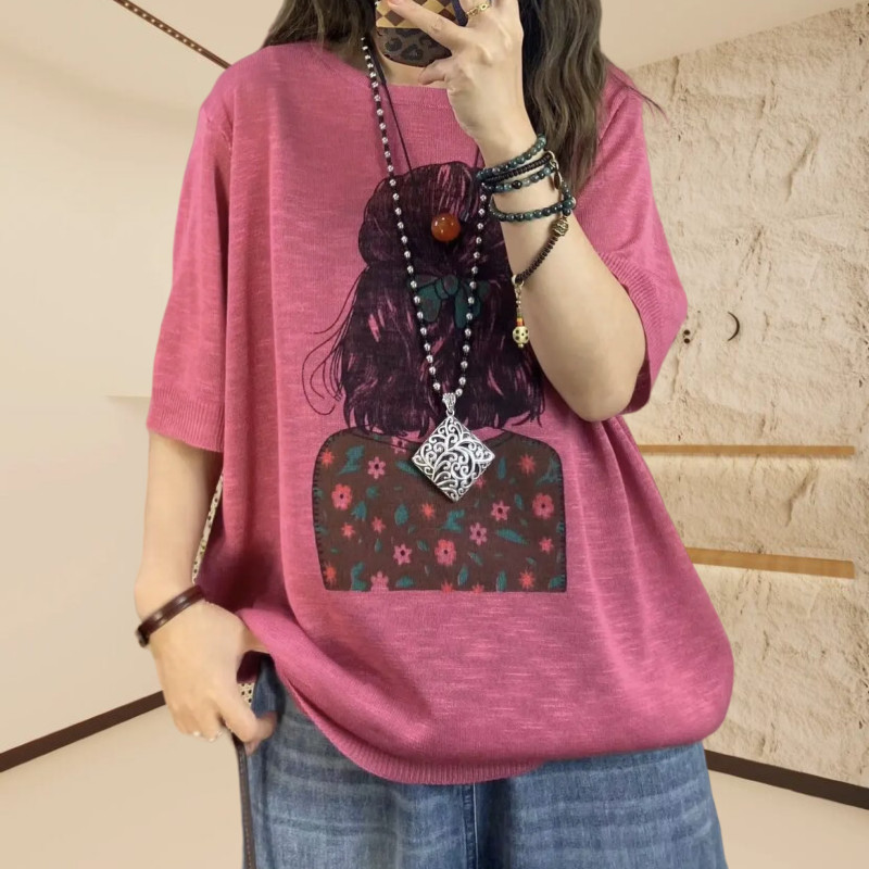เสื้อสเวตเตอร์ผ้าไหมน้ําแข็งบาง 2024 ฤดูร้อนใหม่คอกลมแขนสั้นด้านบนมีสไตล์หลวมขนาดบวกเสื้อยืดครึ่งแขนสําหรับผู้หญิง
