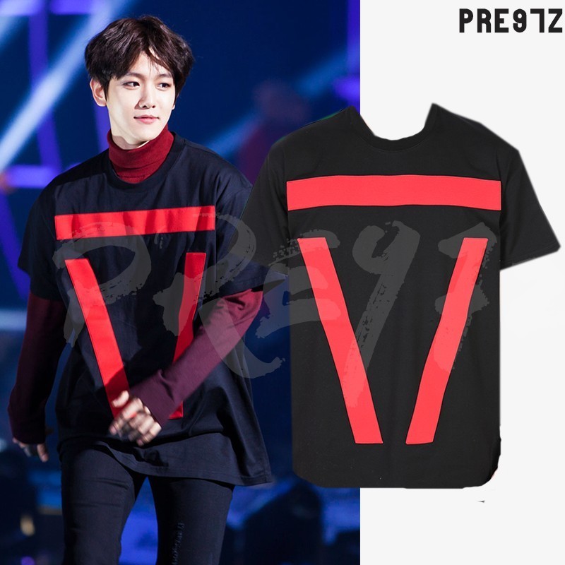 （จัดส่งทันที）EXO BAEKHYUN เสื้อยืดแบบแบคฮยอนเวอร์ชั่นเกาหลีหลวมๆไซส์ S-5XL