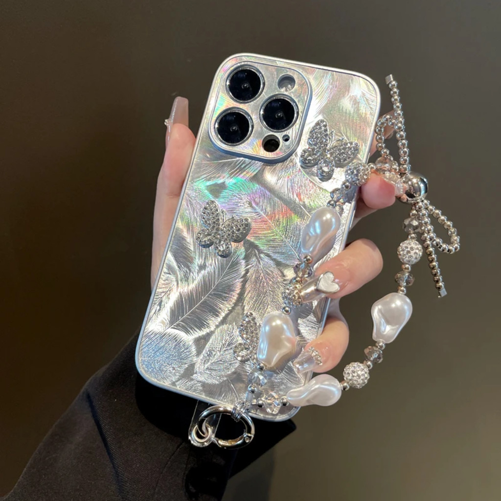 หรูหราออโรร่าขนนกแฟลชเพชรผีเสื้อ+โทรศัพท์โซ่เคสโทรศัพท์สําหรับiphone15 14 13 12 11 Pro MAX IXS MAX XR XSกันกระแทกกล้องป้องกันเต็มFrosted Hardปกหลัง