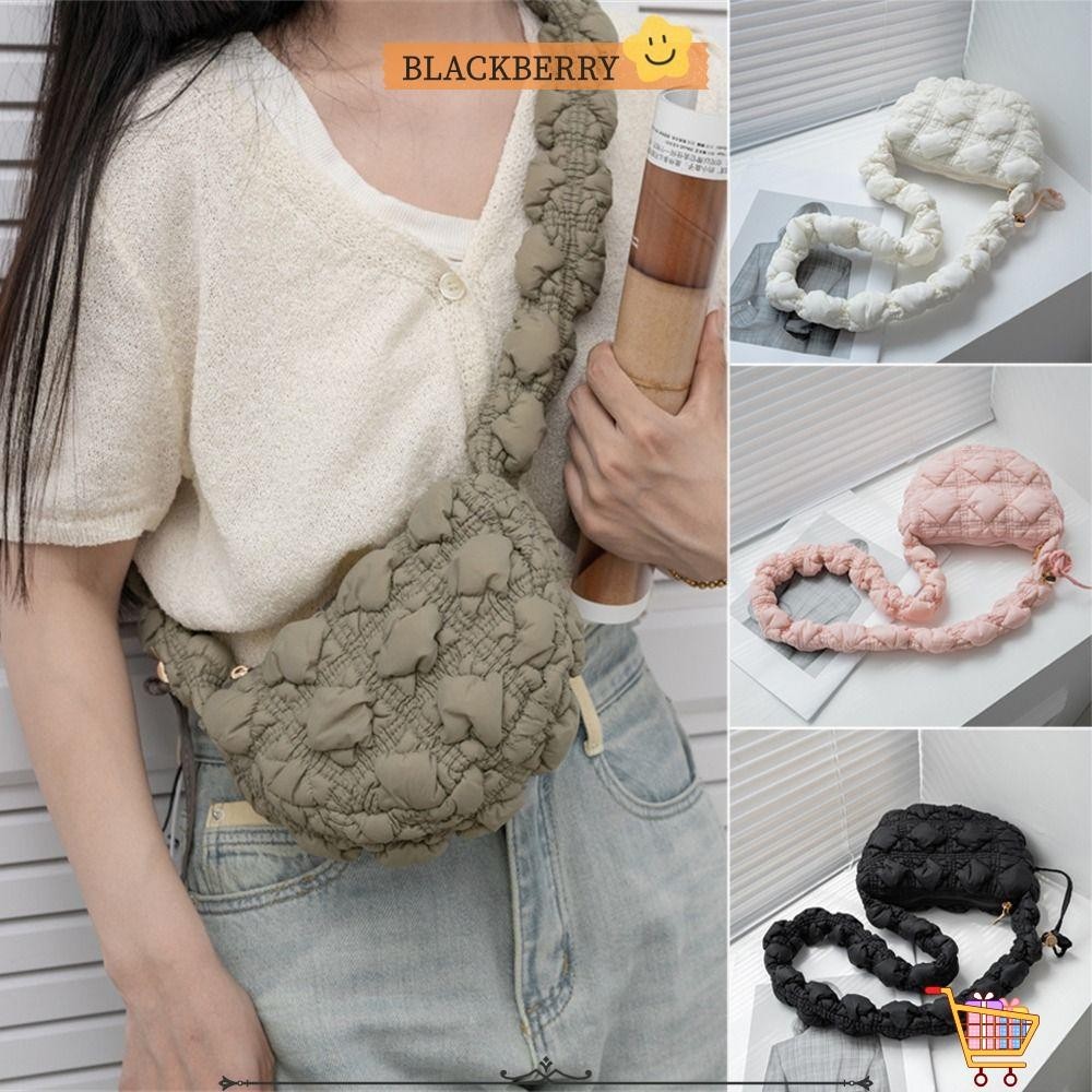 Blackberry Messenger Bag, Cloud Bubbles Quilted Shoulder Bag, Simple Solid Color Pleated Commute Bag Women Girls