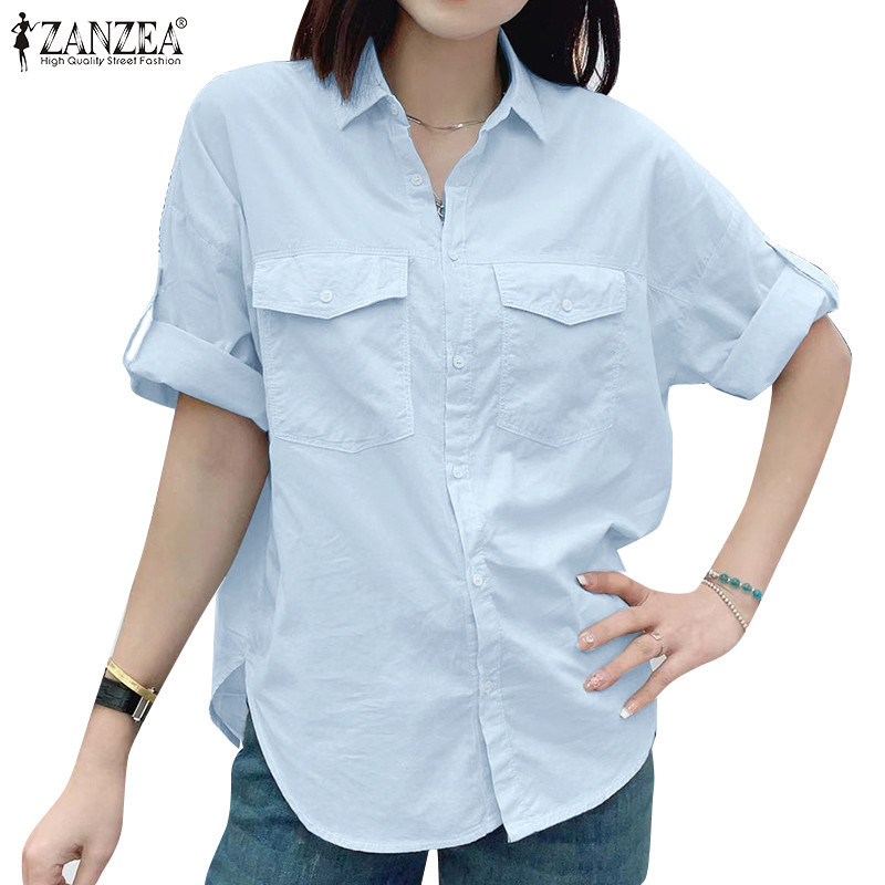 Zanzea ผู ้ หญิงเกาหลี Daily Turn-Down-Collar Pockets เสื ้ อแขนสามในสี ่