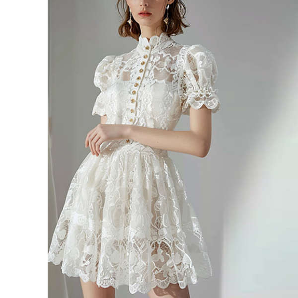 เดรสน่ารัก dress AUI สีขาวฝรั่งเศสออกแบบลูกไม้ชุดผู้หญิงฤดูร้อน 2024 ใหม่นิชบางพัฟแขนเจ้าหญิงชุด