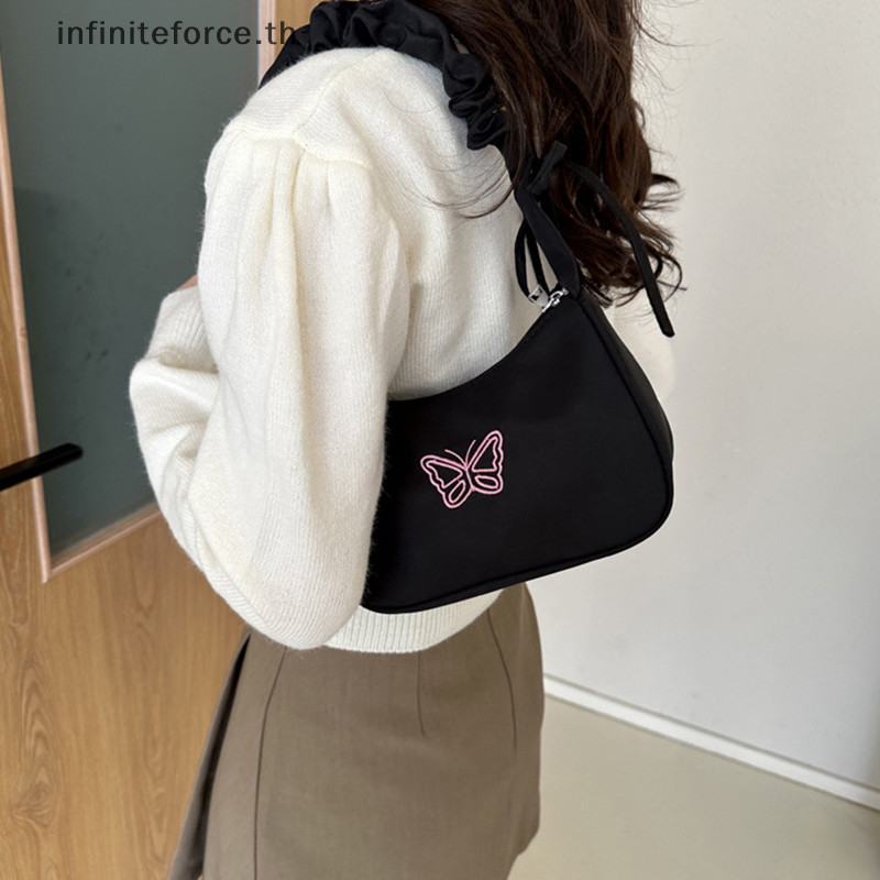 [INTH] น่ารักปัก Bowknot Butterfly กระเป๋าสะพายผู้หญิงกระเป๋าถือจีบ Half-moon Underarm Bag แฟชั่น Oxford Nylon Bow Tote Bag [ดีกว่า]