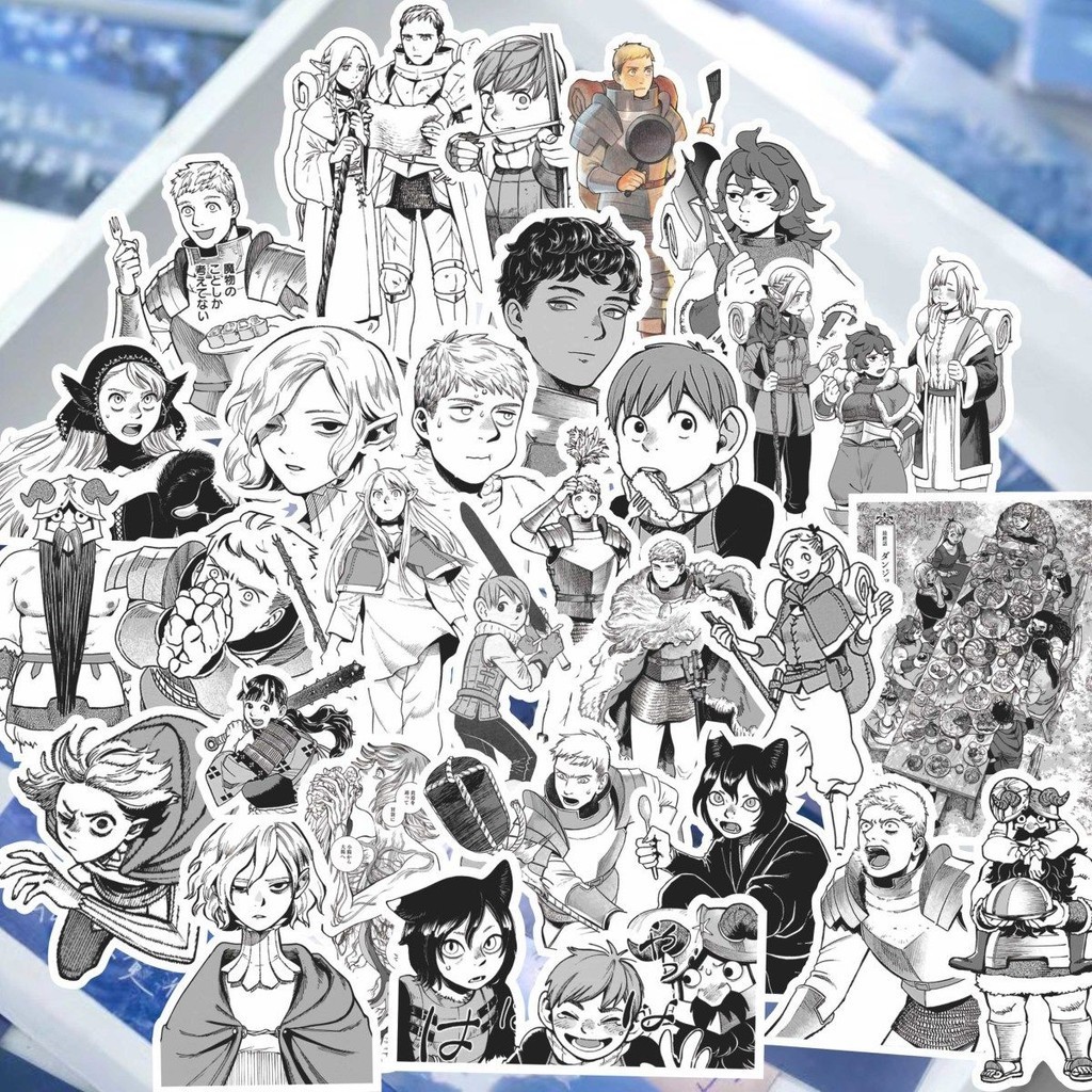 Dungeon Meshi อะนิเมะสติกเกอร์ Laius Marsilla Senshi อร่อยใน Dungeon สีดําสีขาวมังงะสไตล์สติกเกอร์แล็ปท็อปเคสโทรศัพท์ตกแต่ง