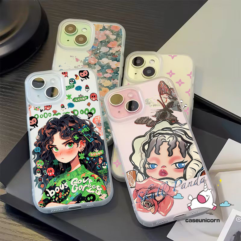แบรนด์อินเทรนด์ Pop Mart Molly การ์ตูน Cool สาวศิลปะดอกไม้สําหรับ IPhone 11 14 15 13 12 Pro MAX 7Plus XR 6 6s 7 8 Plus XS MAX X SE 2020 หรูหราขนาดใหญ่ฝาครอบ Frosted