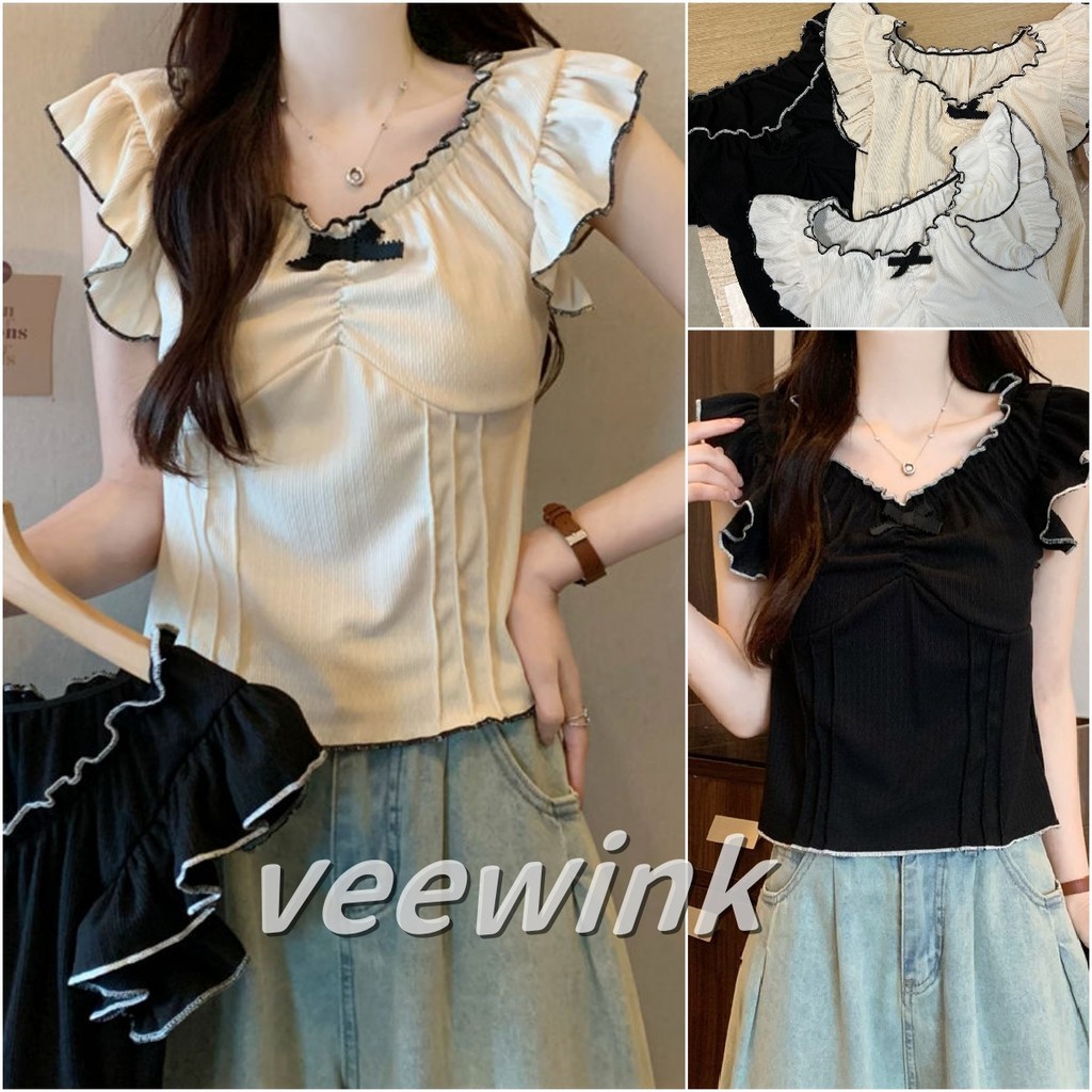 Veewink เสื้อยืดโบว์ ผูกอก แต่งลูกไม้