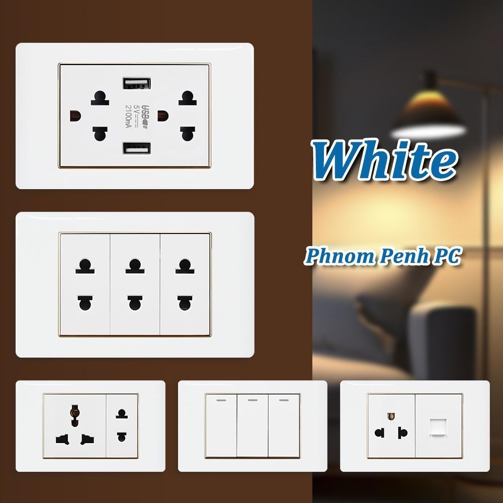 VISWE เต้าปลั๊กไฟ สวิตไฟ ปลั๊กไฟ 2 ขา เต้ารับ usb ชาร์จเร็ว ปลั๊กไฟ 3 ขา white switch,118*72mm แผงพลาสติกขอบทอง