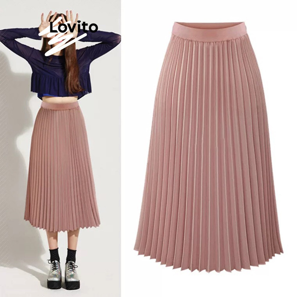 Lovito กระโปรงผู้หญิง แต่งจีบ สีพื้น สไตล์หรูหรา LNL42071