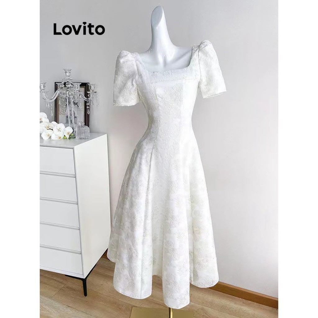 Lovito ชุดเดรส คอเหลี่ยม สีพื้น สไตล์สง่า สำหรับผู้หญิง LNE21212 (สีขาว)