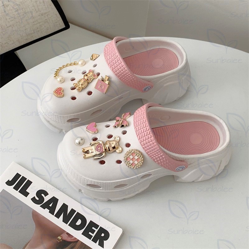 H509 รองเท้าหัวโต เสริมส้นสูง 7 CM แถมตัวติดน่ารัก มีสายรัดส้นเท้า รองเท้าผู้หญิง สีพาสเทล สินค้าพร้อมส่ง