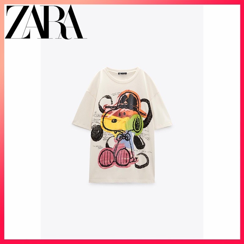 💞zara เสื้อยืดผ้าฝ้าย  Zara ใหม่ ถั่วลิสง ฤดูใบไม้ร่วง สําหรับผู้หญิง™ เสื้อยืด พิมพ์ลายสนูปปี้