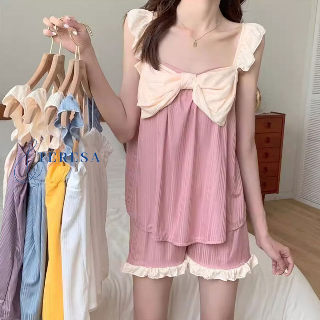 ชุดนอนสุดน่ารัก สำหรับผู้หญิงสไตล์เกาหลี แต่งโบว์น่ารักๆ