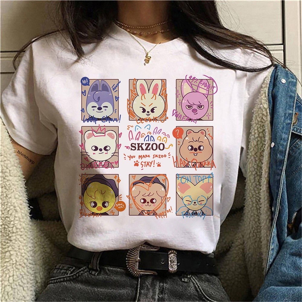 S Stray KIDS skzoo camiseta feminina roupas HARAJU คอกลม เสื้อกีฬา ใส่เดินทาง ใส่สบายๆ น่ารัก สีขาว หนาๆ