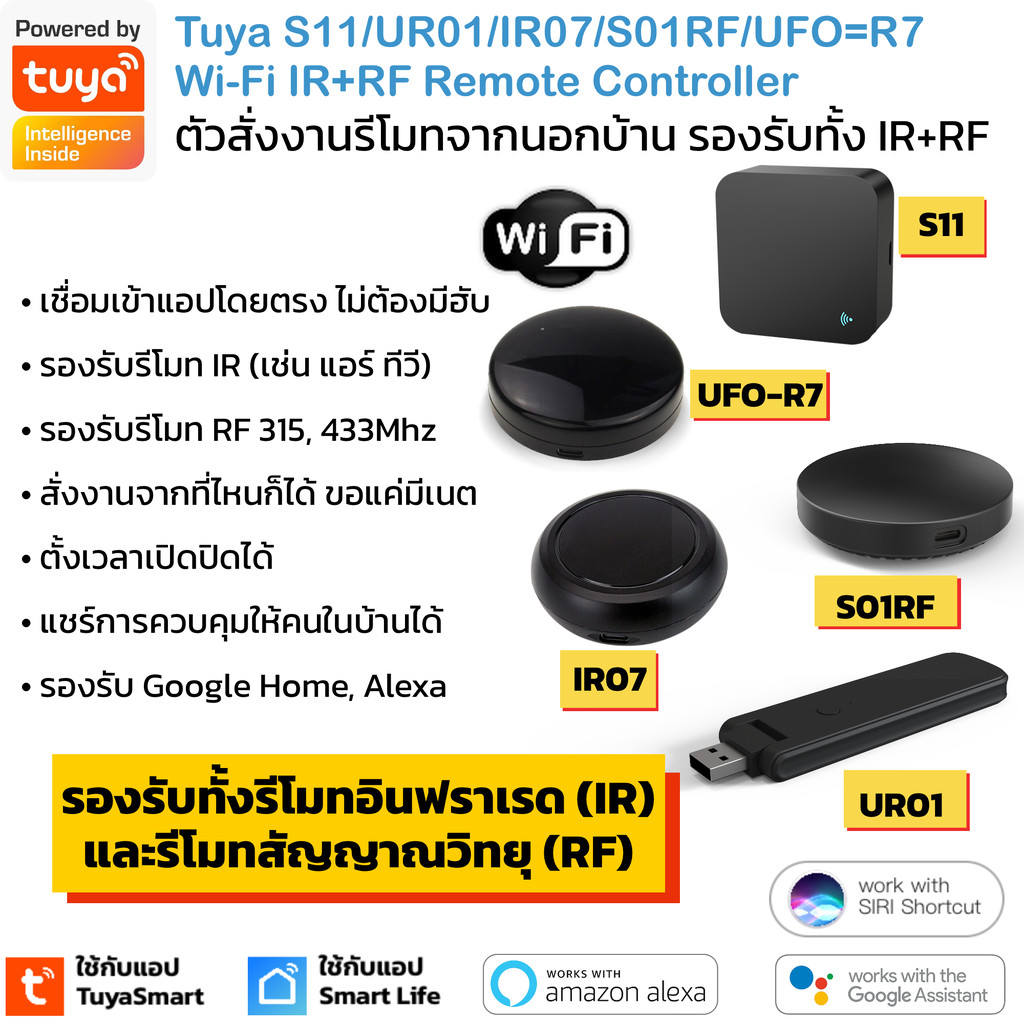 Tuya อุปกรณ์เปิดปิดแอร์ ทีวี รั้ว ม่าน Wi-Fi นอกบ้านผ่านแอป (S11,UR01,IR07,UFO-R7) สั่งด้วยเสียงได้