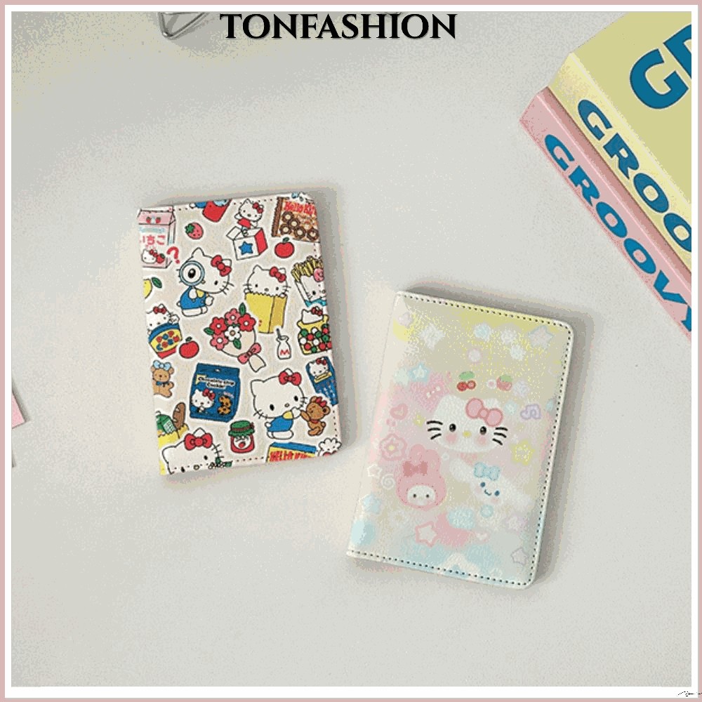 Tonfashion ที่ใส่หนังสือเดินทาง, กระเป๋าหนังสือเดินทางหนัง PU Hello Kitty, กระเป๋าสตางค์บัตรเครดิตการ์ตูนบางเฉียบมัลติฟังก์ชั่น