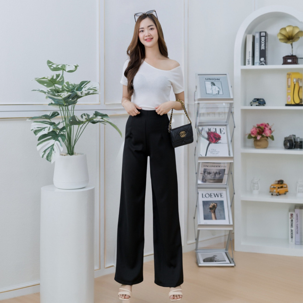 กางเกงกระบอกใหญ่ S-3XL ผ้าฮานาโกะ