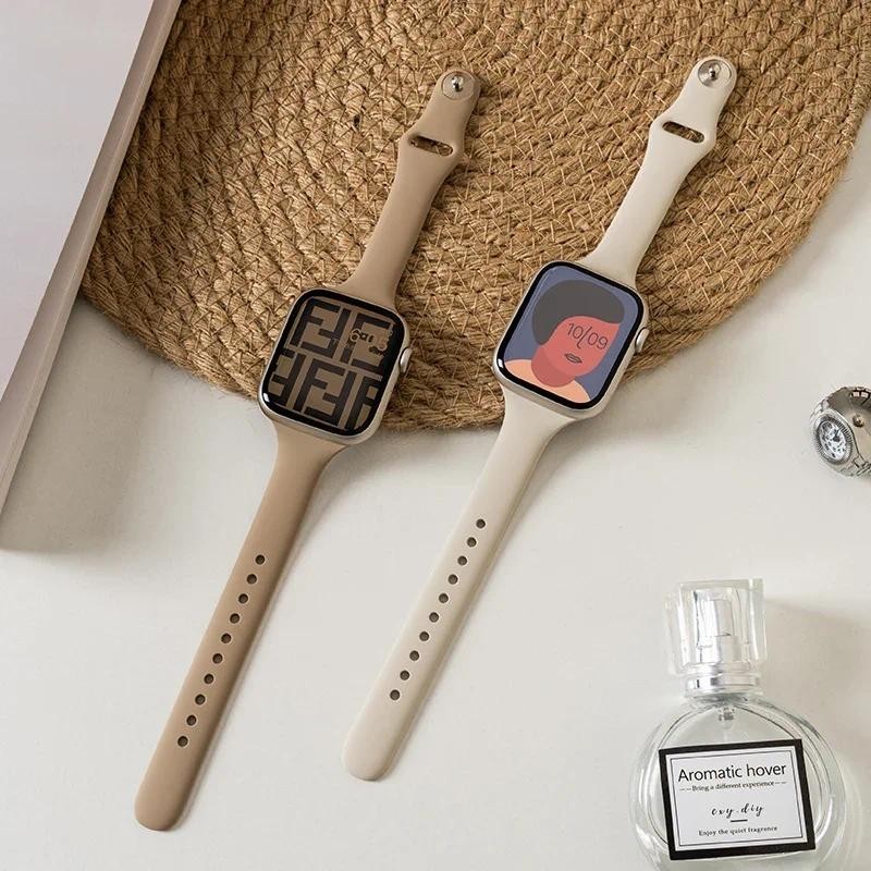 สายซิลิโคนบางสายสีทึบสร้อยข้อมือสําหรับ Apple Watch ultra2 IWatch series 11 10 9 8 7 6 SE 5 4 3 49/45/44/42/41/40/43/38 มม.