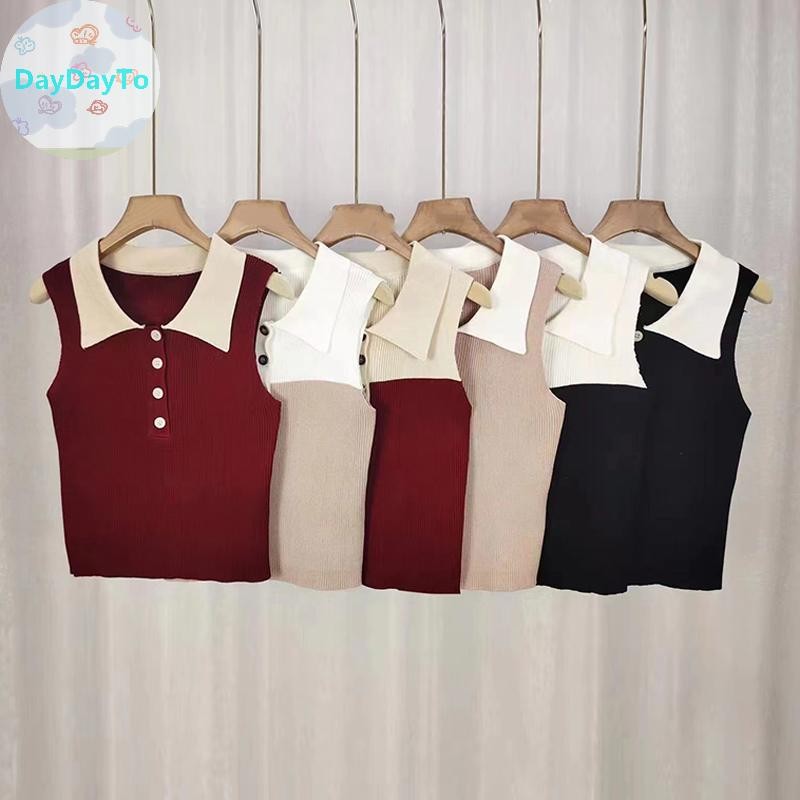 Daydayto ผู้หญิงเกาหลีอารมณ์คมชัดสีปกปุ่มแขนกุดเสื้อกั๊กถักบาง TH