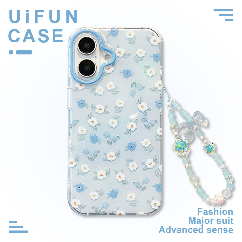 Ins ดอกไม้ดอกไม้ IMD Mobile Case ใช้งานร่วมกับ iPhone 16 15 14 13 Pro Max 16Pro พร้อม Bowknot Chain Big Hole Shock ทนปกหลัง