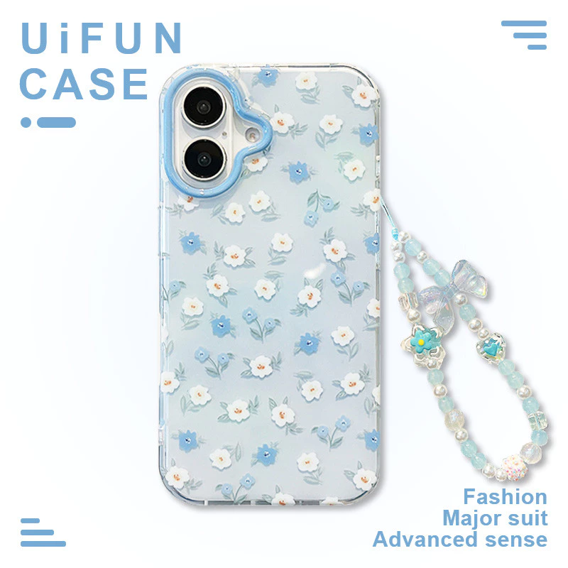 Ins ดอกไม้ดอกไม้ IMD Mobile Case ใช้งานร่วมกับ iPhone 16 15 14 13 Pro Max 16Pro พร้อม Bowknot Chain Big Hole Shock ทนปกหลัง