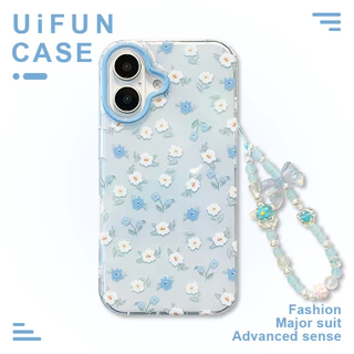 Ins ดอกไม้ดอกไม้ IMD Mobile Case ใช้งานร่วมกับ iPhone 16 15 14 13 Pro Max 16Pro พร้อม Bowknot Chain Big Hole Shock ทนปกหลัง