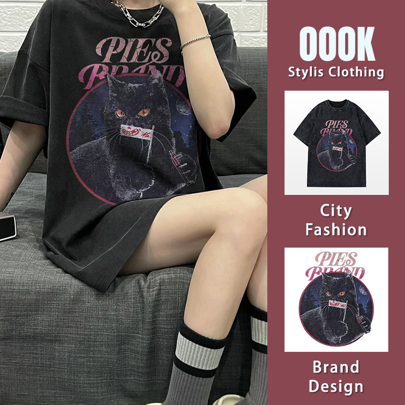 (จัดส่งตลอด 24 ชั่วโมง）OOOK Official  มาใหม่✨เสื้อยืดแขนสั้นผ้าฝ้ายแท้ ลายแมวน่ารัก แนวอินเทรนสไตล์เกาหลี oversize