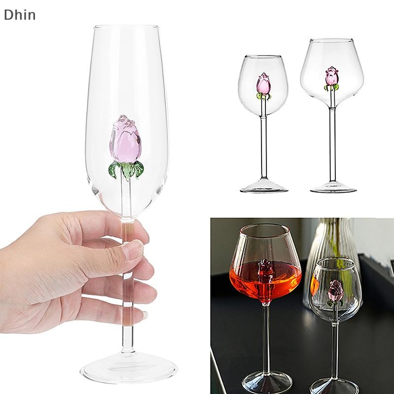 [Dhin] Creative 3D แก้วสีชมพู Rose Build-In สีแดงแก้วไวน์ขาวถ้วย Drinkware Goblet แชมเปญขลุ่ยในครัวเรือนน่ารักของขวัญวาเลนไทน์ COD
