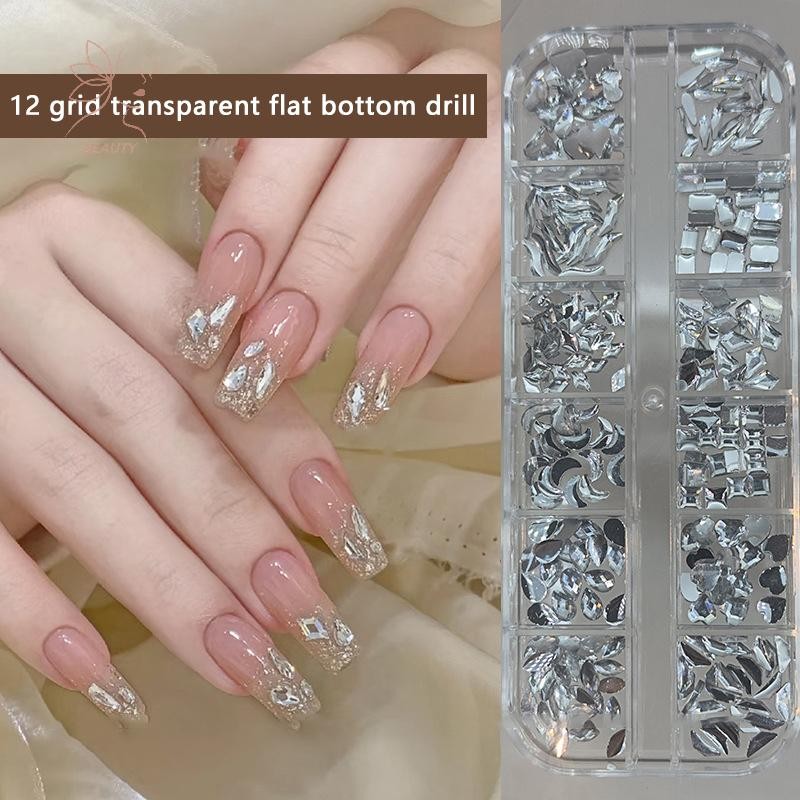 [maybeauty] 12 กริด Sparkle คริสตัลด้านล่างแบน Glitter Rhinestones เรขาคณิตไม่สม่ําเสมอตกแต่งเล็บ DIY เล็บเครื่องมืออุปกรณ์เสริม {TH}