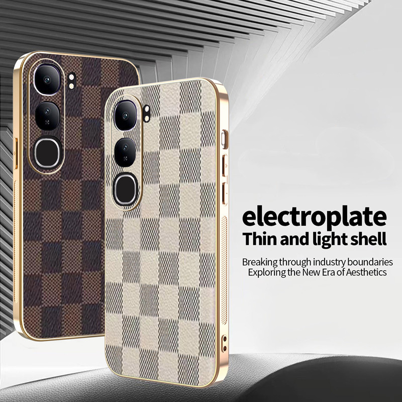 Yjd สําหรับ Vivo Y200 หรูหราตรวจสอบ Grain Electroplated ขอบกันกระแทกเคสโทรศัพท์