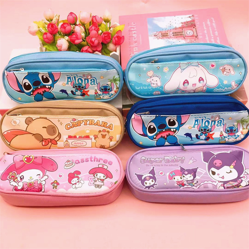 Stitch Kuromi กล่องดินสอสองชั้น Kapibara กล่องดินสอการ์ตูนนักเรียนซิปเครื่องเขียนกระเป๋าขนาดใหญ่-ความจุกล่องดินสอ