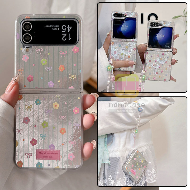 ดอกไม้น่ารักเลเซอร์สีสัน Glacial เคสโทรศัพท์สําหรับ Samsung Galaxy Z Flip 6 Z Flip 5 Z Flip 4 Z Flip 3 กรณีสร้อยข้อมือ Slim กันกระแทกปกหลัง Flip5 Flip6