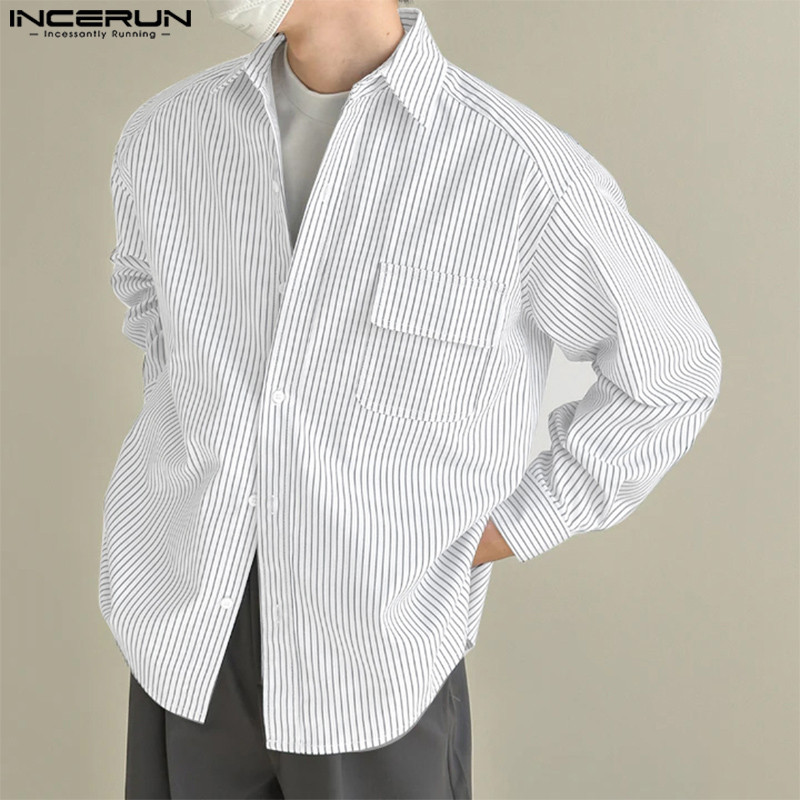 Incerun ผู้ชายเกาหลี Commute Casual Turn-Down-Collar เสื้อแขนยาวลายทาง ราคา ถูกที่สุด ดีลบีเคเค แกลเลอรีภาพที่ 6