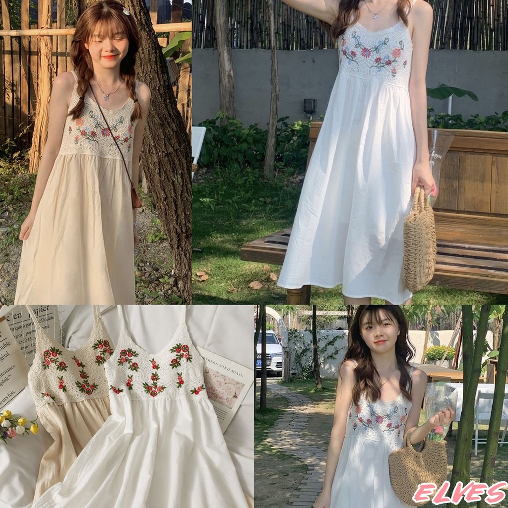 Elves พร้อม💟 ชุดเดรสถักไหมพรม น่ารักคาวาอี้ สายเดี่ยวกระโปรงยาวสไตล์โบฮีเมี่ยน เดรสกระโปรง "CX00767"