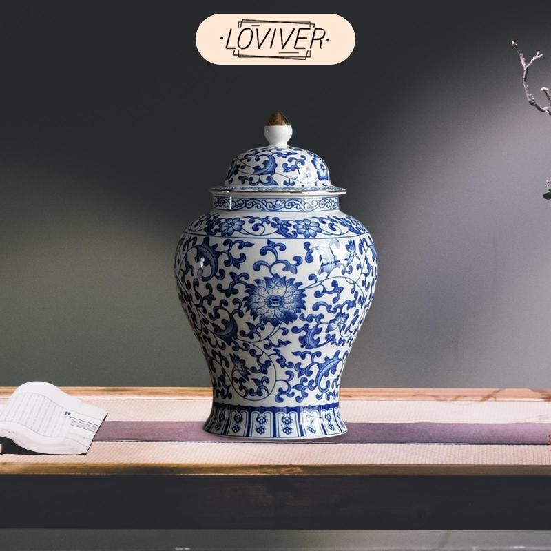 LOVIVER จีนเซรามิกขิงขวดตกแต่งแจกันดอกไม้ที่มีฝาปิดสีฟ้าและสีขาวพอร์ซเลนขวดสําหรับร้านอาหารตกแต่งเครื่องประดับ