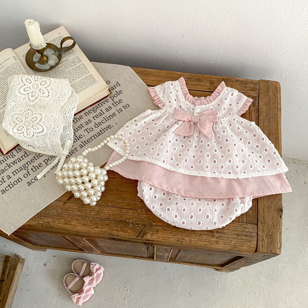 2ชิ้นฤดูร้อนทารกแรกเกิดเสื้อผ้าโบว์แขนกุดโหลออกสองชั้นเด็กสาวชุดกางเกงขาสั้นชุด0-3ปี