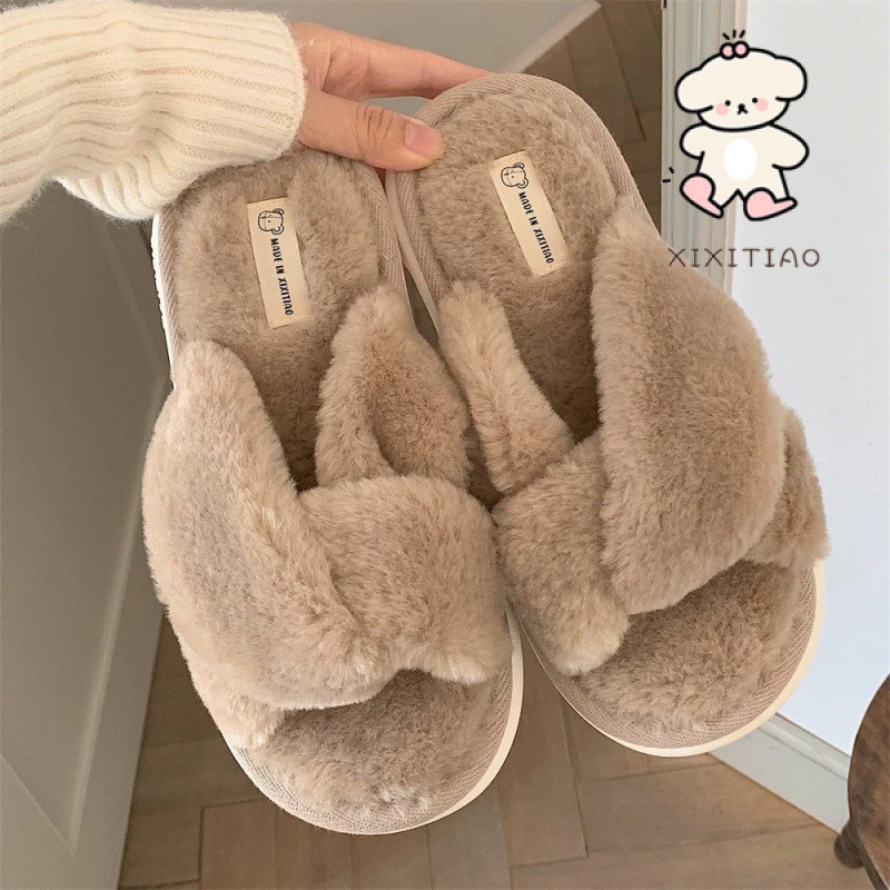 Xixtiao รองเท้าแตะผ้าฝ้ายแฟชั่น PPR Simple Cross สีทึบ One-word หญิงฤดูใบไม้ร่วงฤดูหนาว Leisure บ้านในร่ม Warm Plush