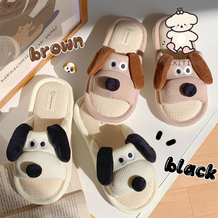 Xitiao น่ารัก Big-Eared Dog Soft-Soled ผ้าลินินสุภาพสตรีการ์ตูน Four Seasons Stepping on Shit รองเท้าแตะ