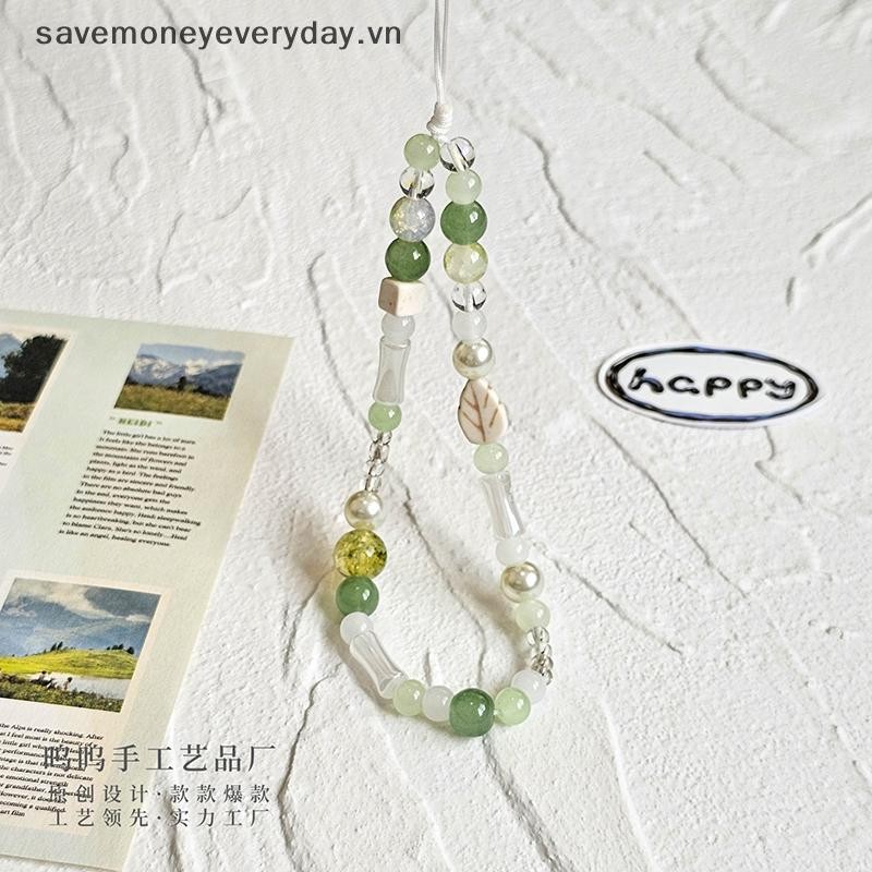 [savemoneyeveryday] Style Teal Green Phone Lanyard Y2K Beaded Mobile Phone Chain สายรัดข้อมือสําหรับ